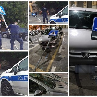 Sanremo: abbattono il cartello della segnaletica in piazza Eroi e fuggono, indagini della Municipale (Foto)