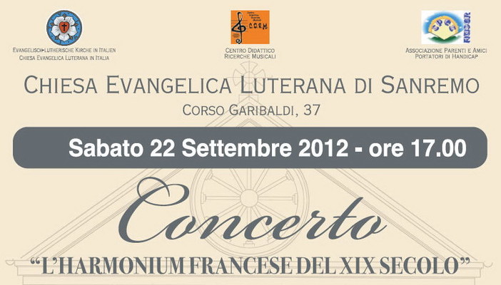 Sanremo: concerto 'Harmonium' sabato prossimo alla Chiesa Evangelica Luterana Sanremo: concerto 'Harmonium' sabato prossimo alla Chiesa Evangelica Luterana