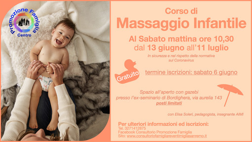 Sanremo: dal 24 settembre, al via Corso di massaggio infantile per neo mamme e papà