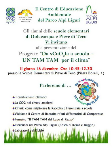 Pieve di Teco: domani, presentazione del progetto 'Da sCuO2la a Scuola. Un Tam Tam per il clima'