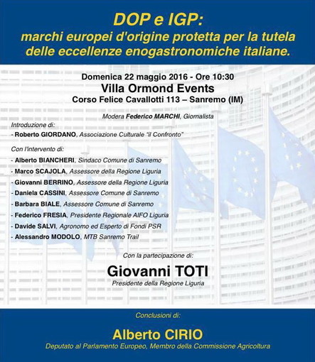 Sanremo: domenica prossima appuntamento alla Villa Ormond per parlare di marchi Dop ed Igp italiani Sanremo: domenica prossima appuntamento alla Villa Ormond per parlare di marchi Dop ed Igp italiani