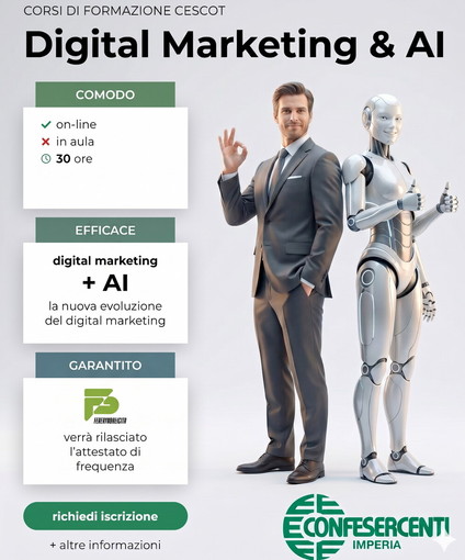 Digital marketing e AI, Confesercenti Imperia lancia un corso di eccellenza per imprese e professionisti