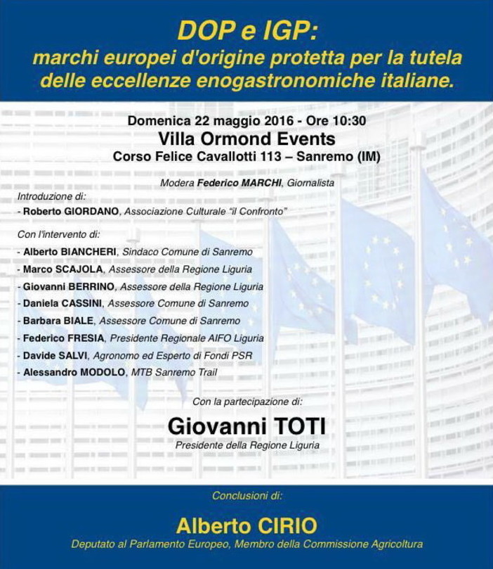 Sanremo: domenica prossima appuntamento alla Villa Ormond per parlare di marchi Dop ed Igp italiani