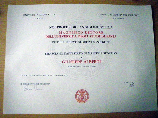 Al sanremese Giuseppe Alberti il 'diploma di maestria sportiva' dell'Università di Pavia