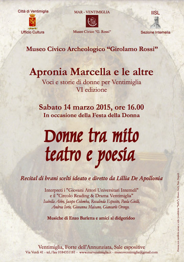Ventimiglia: sabato 14 marzo 'Donne tra mito, teatro e poesia', recital di brani scelti a cura di Lillia De Apollonia