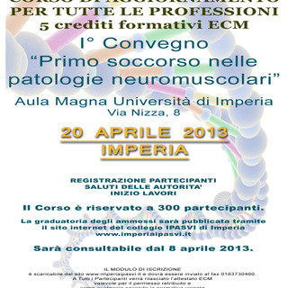 Imperia: domani all'Università, un convegno su 'Primo soccorso nelle patologie neuromuscolari'