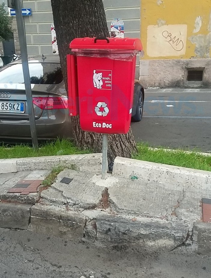 Imperia: da un anno un distributore di sacchetti per cani su un marciapiede fatiscente in piazza Goito (Foto)