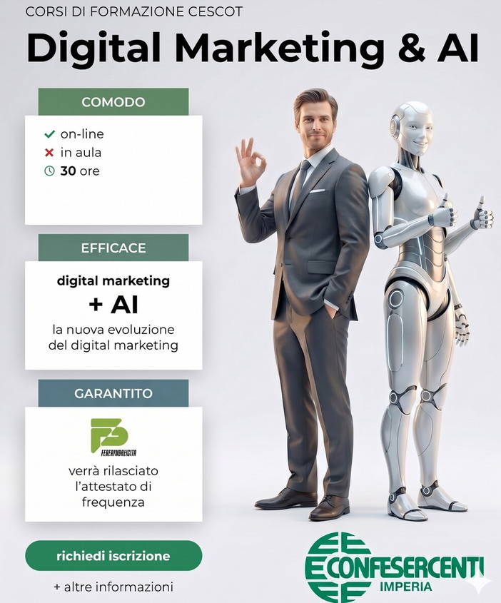 Digital marketing e AI, Confesercenti Imperia lancia un corso di eccellenza per imprese e professionisti Digital marketing e AI, Confesercenti Imperia lancia un corso di eccellenza per imprese e professionisti