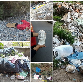 Ventimiglia: sporcizia e degrado sul greto del Roya, trovata anche la testa di una statua di Gesù ricoperta di escrementi (Foto)