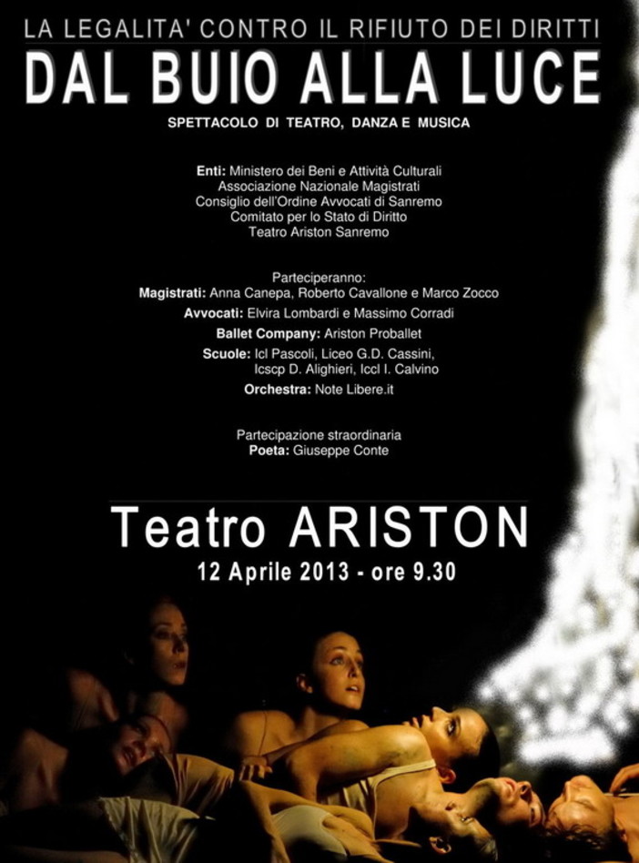 Sanremo: venerdì prossimo al teatro Ariston l'incontro su ‘La legalità contro il rifiuto dei diritti - Dal buio alla luce’ Sanremo: venerdì prossimo al teatro Ariston l'incontro su ‘La legalità contro il rifiuto dei diritti - Dal buio alla luce’