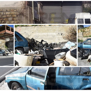 Sanremo: una discarica abusiva a cielo aperto sulla via che porta all'autostrada, anche due mezzi abbandonati (Foto)