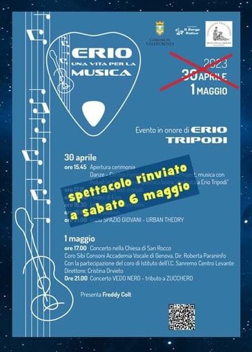 Vallecrosia, la pioggia ferma l'evento 'Erio una vita per la musica'. Biancheri: "Lo spettacolo è rinviato a sabato 6 maggio"