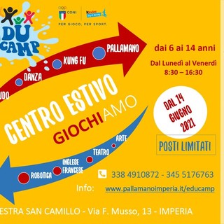 Imperia: dal 14 giugno l'Educamp CONI Estate 2021 alla palestra San Camillo