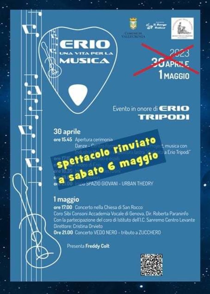 Vallecrosia, la pioggia ferma l'evento 'Erio una vita per la musica'. Biancheri: "Lo spettacolo è rinviato a sabato 6 maggio"