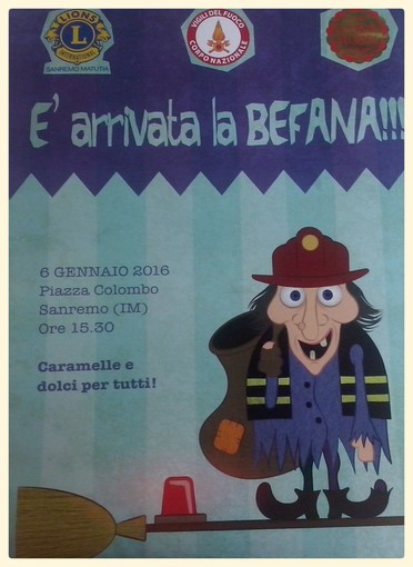 Sanremo: Festa della Befana in piazza Colombo organizzata da Lions Club, Vigili del Fuoco e Sanremo Fiorita
