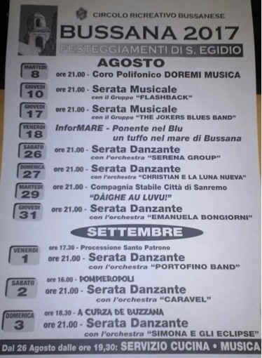 Sanremo: domani a Bussana iniziano i festeggiamenti per Sant'Egidio, serata danzante con l'Orchestra Serena Group