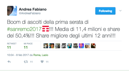#Sanremo2017: ascolti record per la prima serata del Festival, Fabiano "Share migliore degli ultimi 12 anni!" #Sanremo2017: ascolti record per la prima serata del Festival, Fabiano "Share migliore degli ultimi 12 anni!"