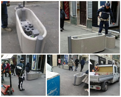 Sanremo: iniziata l'installazione delle fioriere 'mobili' all'ingresso di via Matteotti e via Palazzo (Foto)