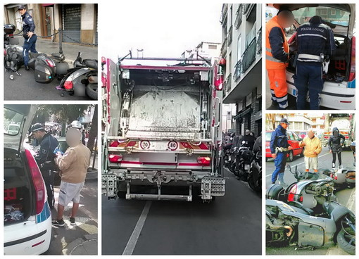 Sanremo: camion di Amaie Energia esce dalla galleria Francia ed abbatte una serie di scooter parcheggiati (Foto)