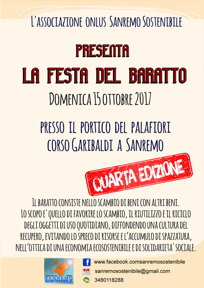 Sanremo: domenica pomeriggio torna l'appuntamento con la Festa del Baratto organizzata da Sanremo Sostenibile Sanremo: domenica pomeriggio torna l'appuntamento con la Festa del Baratto organizzata da Sanremo Sostenibile