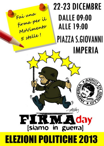 Imperia: il 29 e 30, 'Firma Day' in piazza San Giovanni per il Movimento 5 Stelle Imperia: il 29 e 30, 'Firma Day' in piazza San Giovanni per il Movimento 5 Stelle