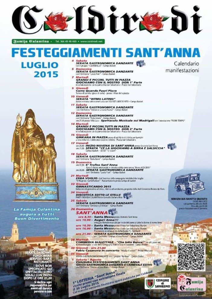 Coldirodi: al via questa sera i festeggiamenti di Sant'Anna, proseguiranno fino al 1° agosto