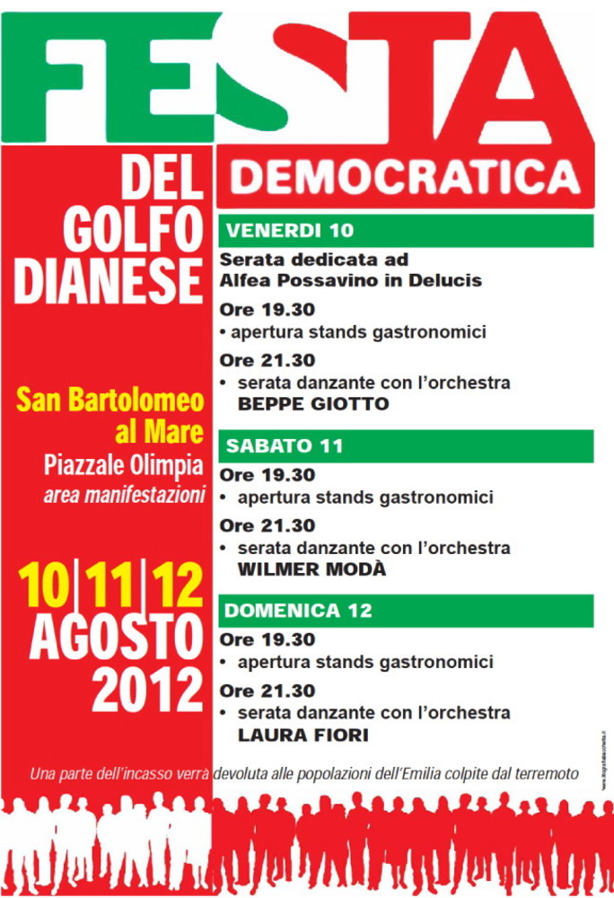 San Bartolomeo al Mare: dal 10 al 12 agosto la Festa Democratica del Golfo Dianese San Bartolomeo al Mare: dal 10 al 12 agosto la Festa Democratica del Golfo Dianese