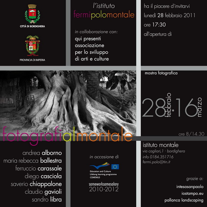 Bordighera: da lunedì prossimo e fino al 16 marzo la mostra 'Fotografi al Montale' Bordighera: da lunedì prossimo e fino al 16 marzo la mostra 'Fotografi al Montale'