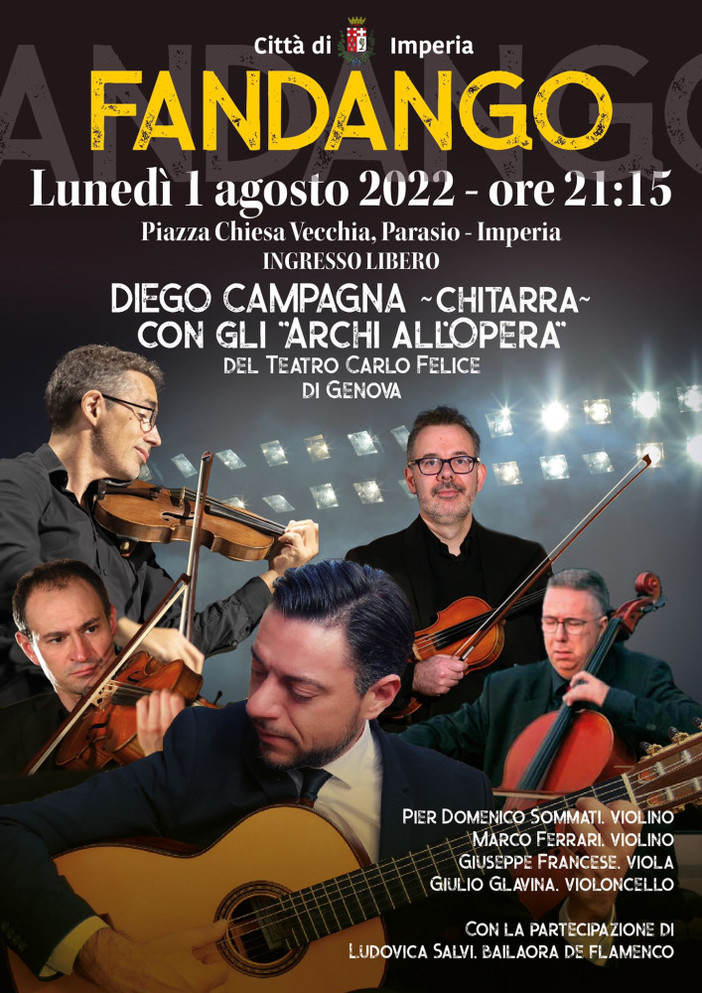 Imperia: stasera “Fandango” al Parasio, concerto di Diego Campagna accompagnato dagli Archi del Carlo Felice Imperia: stasera “Fandango” al Parasio, concerto di Diego Campagna accompagnato dagli Archi del Carlo Felice