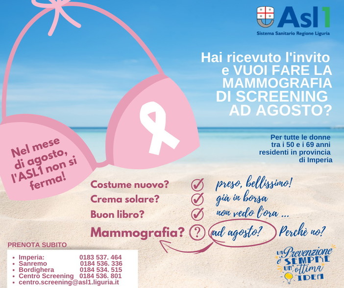 Asl 1 Imperiese: sono aperte le prenotazioni per lo screening del tumore alla mammella Asl 1 Imperiese: sono aperte le prenotazioni per lo screening del tumore alla mammella