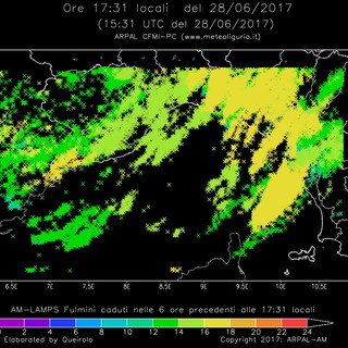 Il grafico dei fulmini che hanno colpito oggi la Liguria