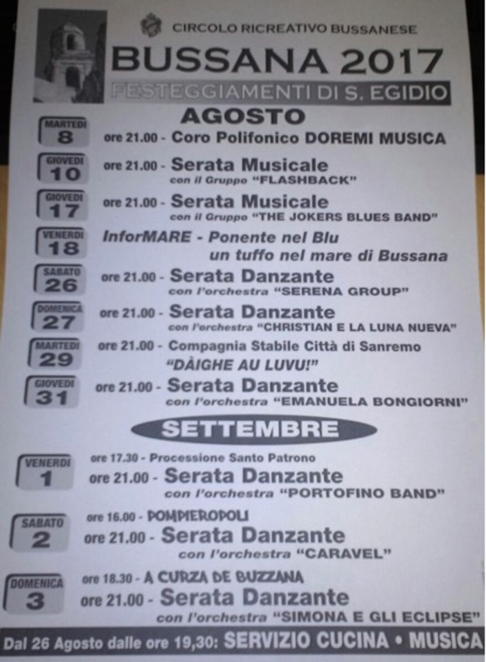 Sanremo: domani a Bussana iniziano i festeggiamenti per Sant'Egidio, serata danzante con l'Orchestra Serena Group