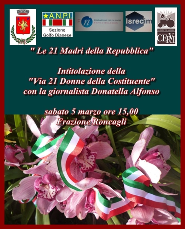 Diano San Pietro: sabato prossimo sarà intitolata una via della frazione Roncagli alle “21 Donne della Costituente” Diano San Pietro: sabato prossimo sarà intitolata una via della frazione Roncagli alle “21 Donne della Costituente”