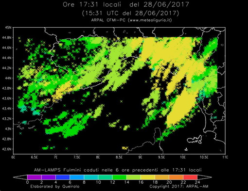 Il grafico dei fulmini che hanno colpito oggi la Liguria
