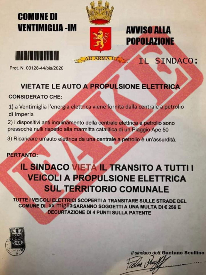 'Fake news' a Ventimiglia: sui social manifesto fasullo sul divieto alle auto elettriche in città