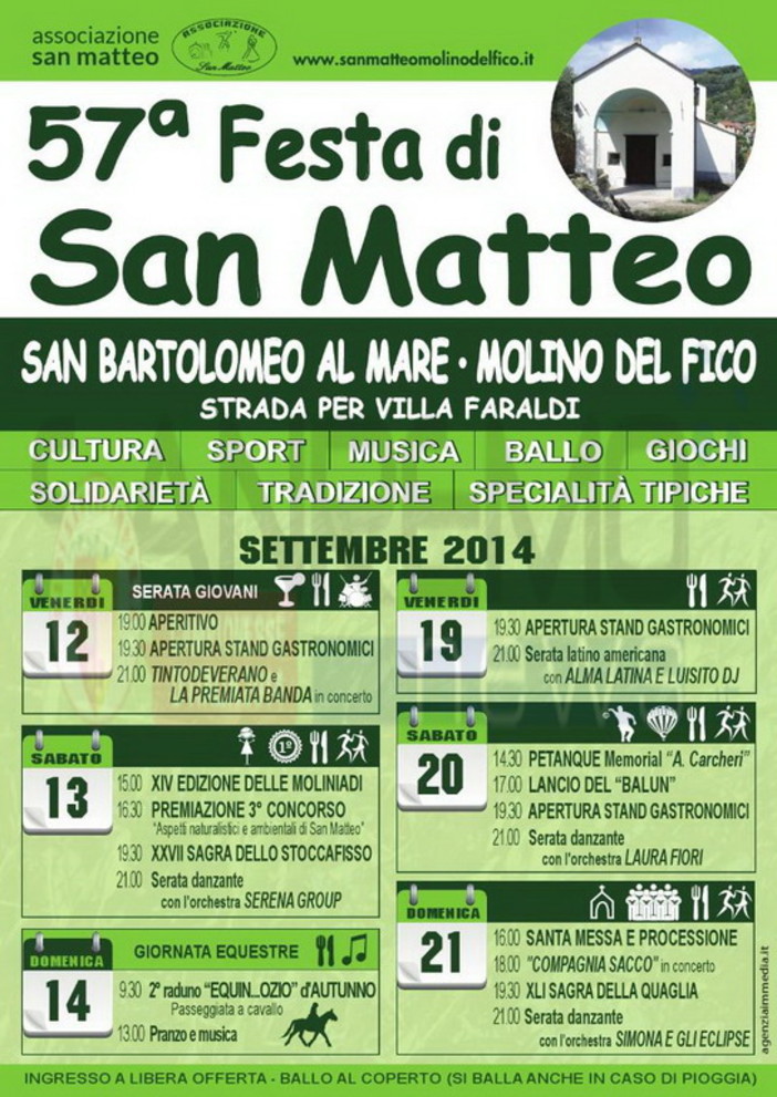 Da venerdì prossimo a domenica a Molino del Fico, gran finale per la 57° Festa di San Matteo Da venerdì prossimo a domenica a Molino del Fico, gran finale per la 57° Festa di San Matteo