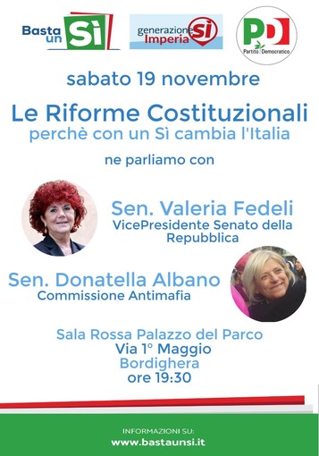 Bordighera: la Vicepresidente del Senato Valeria Fedeli insieme alla Senatrice Donatella Albano per un incontro pubblico dedicato alle riforme costituzionali Bordighera: la Vicepresidente del Senato Valeria Fedeli insieme alla Senatrice Donatella Albano per un incontro pubblico dedicato alle riforme costituzionali