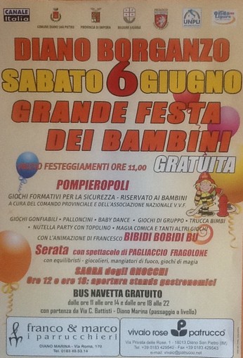 Diano Borganzo: sabato 6 giugno la 'Festa dei bambini' all'insegna del divertimento