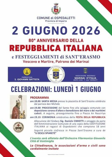 Ospedaletti celebra la Festa della Repubblica e Sant’Erasmo: 1 giugno. Ospedaletti celebra la Festa della Repubblica e Sant’Erasmo: 1 giugno.