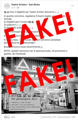 Sanremo: attenzione alla truffa, pagina fake dell'Ariston propone un concorso via Facebook