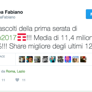 #Sanremo2017: ascolti record per la prima serata del Festival, Fabiano "Share migliore degli ultimi 12 anni!" #Sanremo2017: ascolti record per la prima serata del Festival, Fabiano "Share migliore degli ultimi 12 anni!"