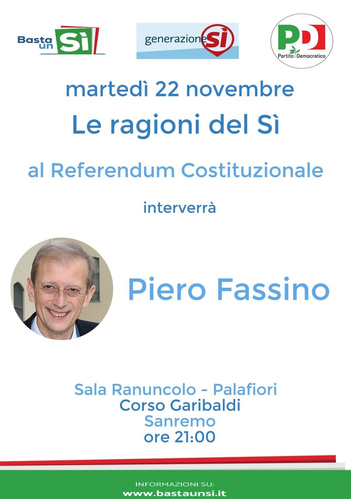 Sanremo: incontro informativo con Piero Fassino per il "SI" al referendum costituzionale