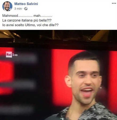 Anche Salvini commenta il vincitore del Festival: &quot;Mahmood… mah… la canzone italiana più bella?!&quot;