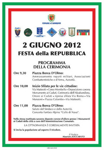 Sanremo: Festa della Repubblica di sabato prossimo, solo l'inno nazionale della Fanfara Sanremo: Festa della Repubblica di sabato prossimo, solo l'inno nazionale della Fanfara