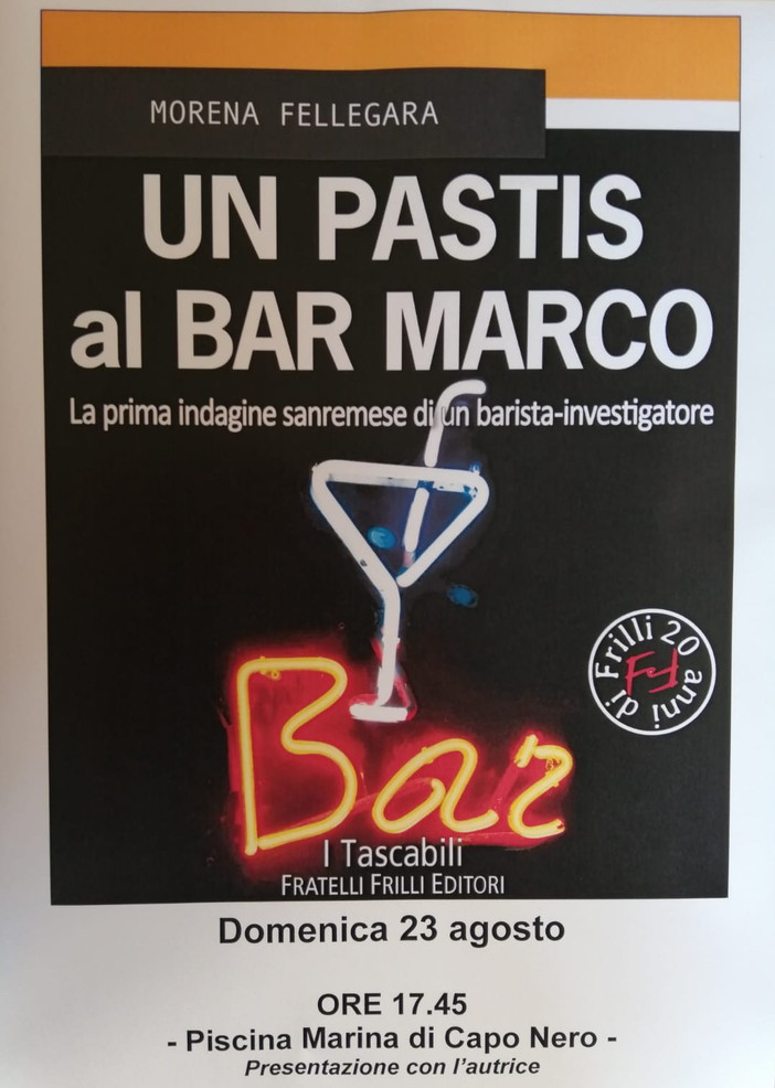 Sanremo: alla piscina Marina di Capo Nero la presentazione del libro “Un Pastis al Bar Marco” di Morena Fellegara Sanremo: alla piscina Marina di Capo Nero la presentazione del libro “Un Pastis al Bar Marco” di Morena Fellegara