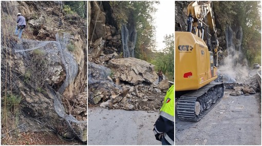 Frana tra a Agaggio e Molini di Triora, iniziate le operazioni di rimozione del masso Frana tra a Agaggio e Molini di Triora, iniziate le operazioni di rimozione del masso