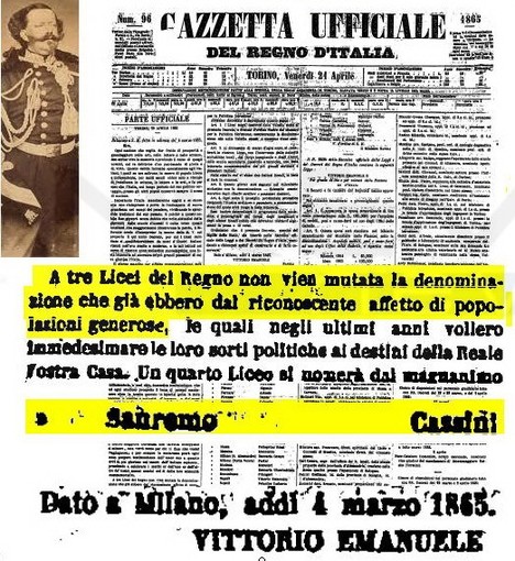 150 anni fa la Gazzetta Ufficiale del Regno d'Italia del 21 aprile 1865 confermava l'intitolazione del Liceo di Sanremo a Cassini