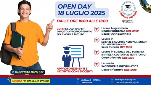 Open Day 18 luglio al Campus Universitario di Imperia per scegliere il tuo futuro Open Day 18 luglio al Campus Universitario di Imperia per scegliere il tuo futuro