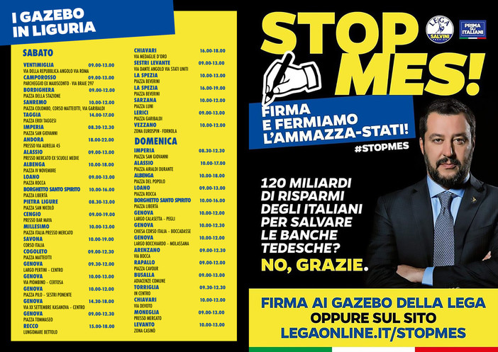 “Stop al MES”: sabato e domenica la raccolta firme della Lega in 50 piazze della Liguria