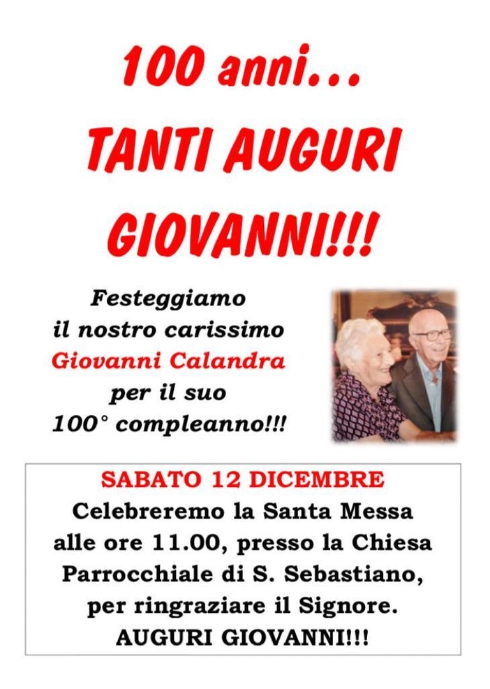 Sanremo: Coldirodi in festa per il centesimo compleanno di Giovanni Calandra Sanremo: Coldirodi in festa per il centesimo compleanno di Giovanni Calandra